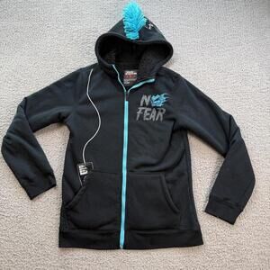 No Fear Skull Zip Up Hoodie Sherpa Lined Black Teal Mohawk Hood Y2K Skate Punk L